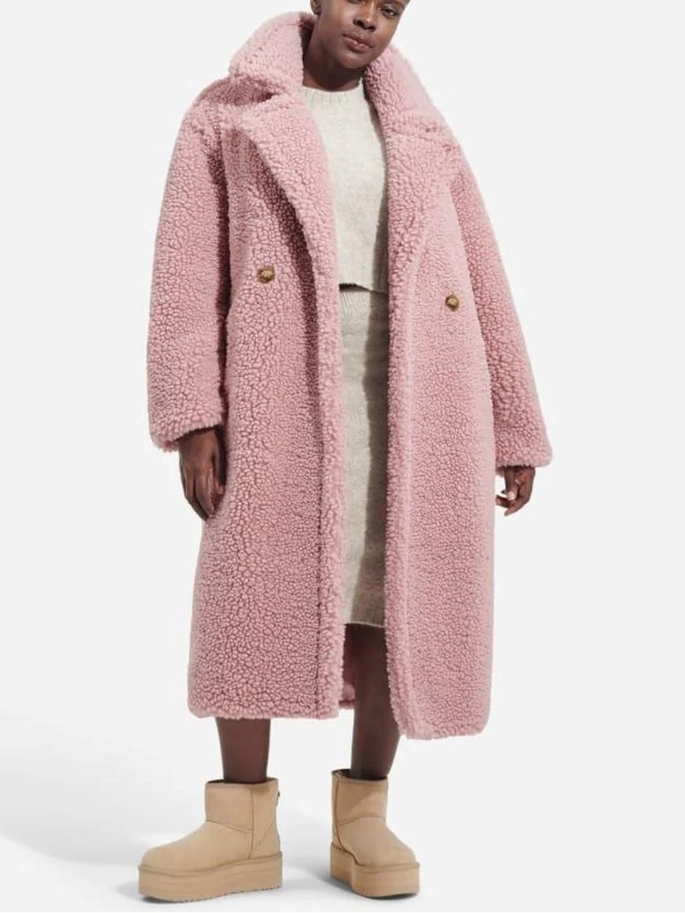 UGG Gertrude Long Teddy Coat in Clay Pink Size XL